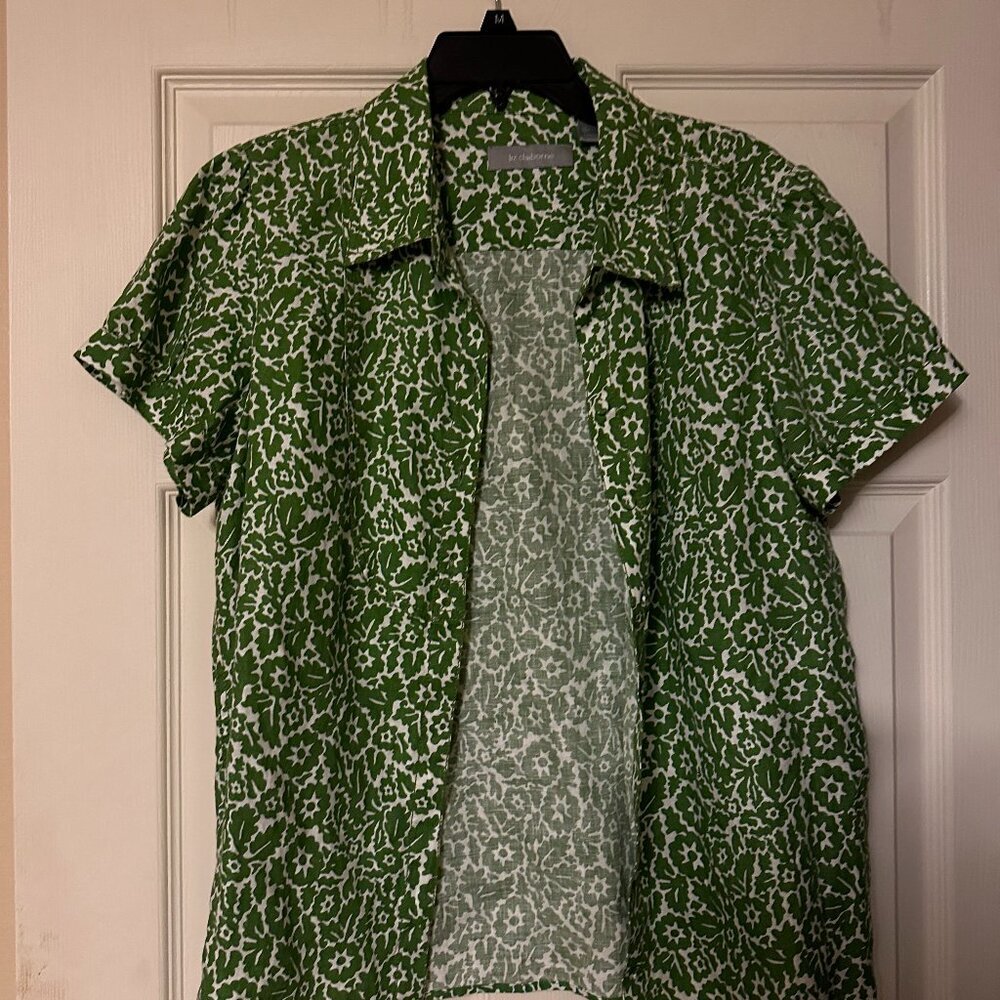 Liz Claiborne || Green & White Patterned Short Sleeved Blouse || Size L || Linen